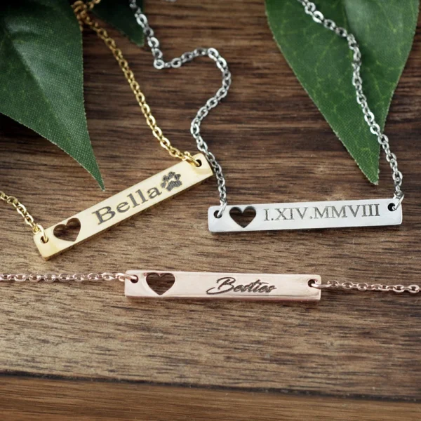 Custom Name Statement Stainless Steel Jewelry - Heart Bar Pendant Necklace - Image 3